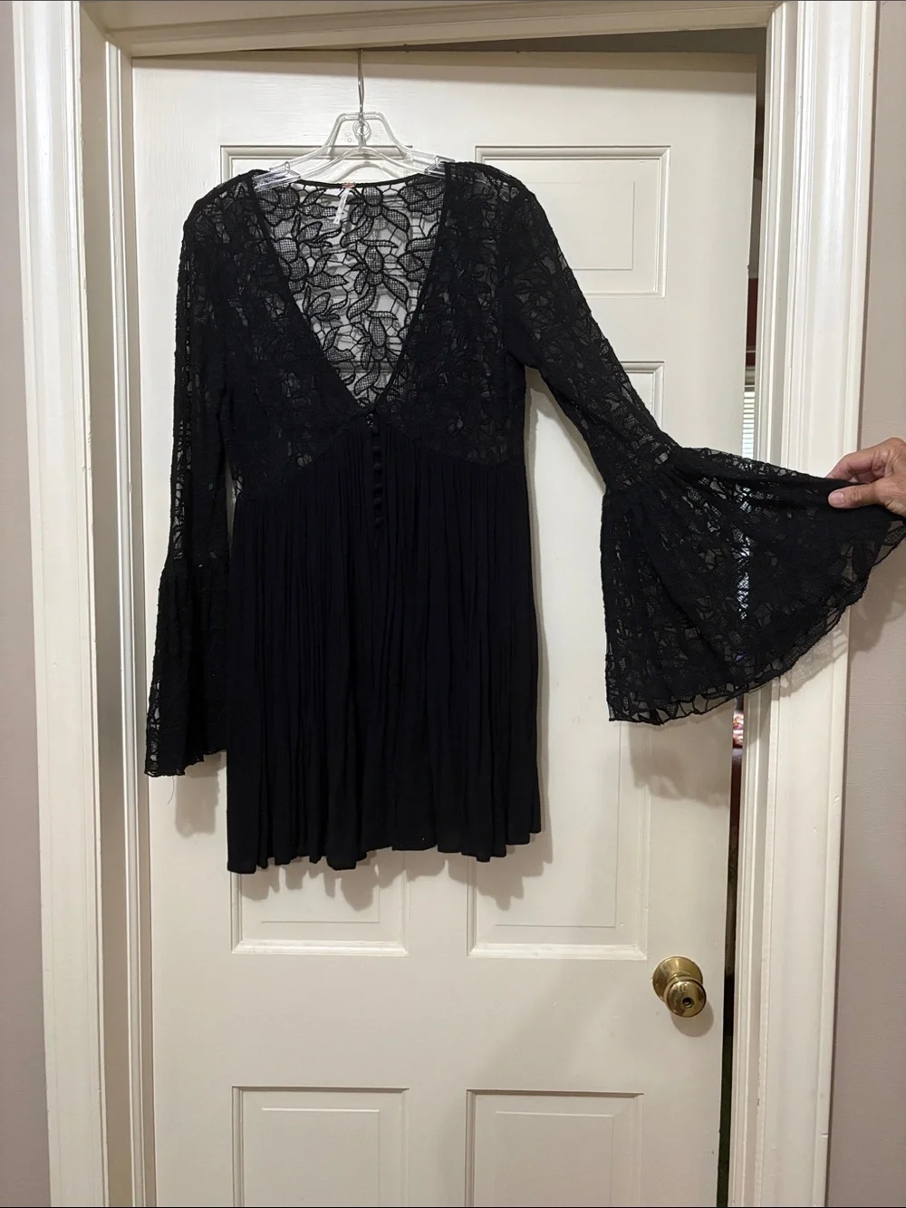 Free People Black Lace Bell-Sleeve Mini Dress